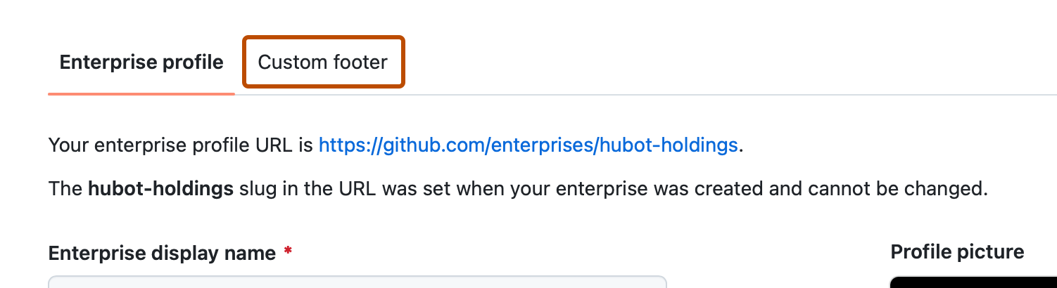 エンタープライズ アカウントの [プロファイル] ページのスクリーンショット。 [カスタム フッター] というラベルの付いたタブが濃いオレンジ色の枠線で囲まれています。