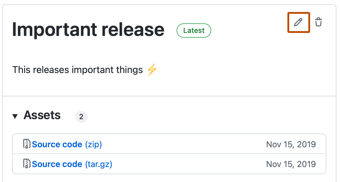 Screenshot of a release in the releases list. A pencil icon is highlighted with an orange outline.