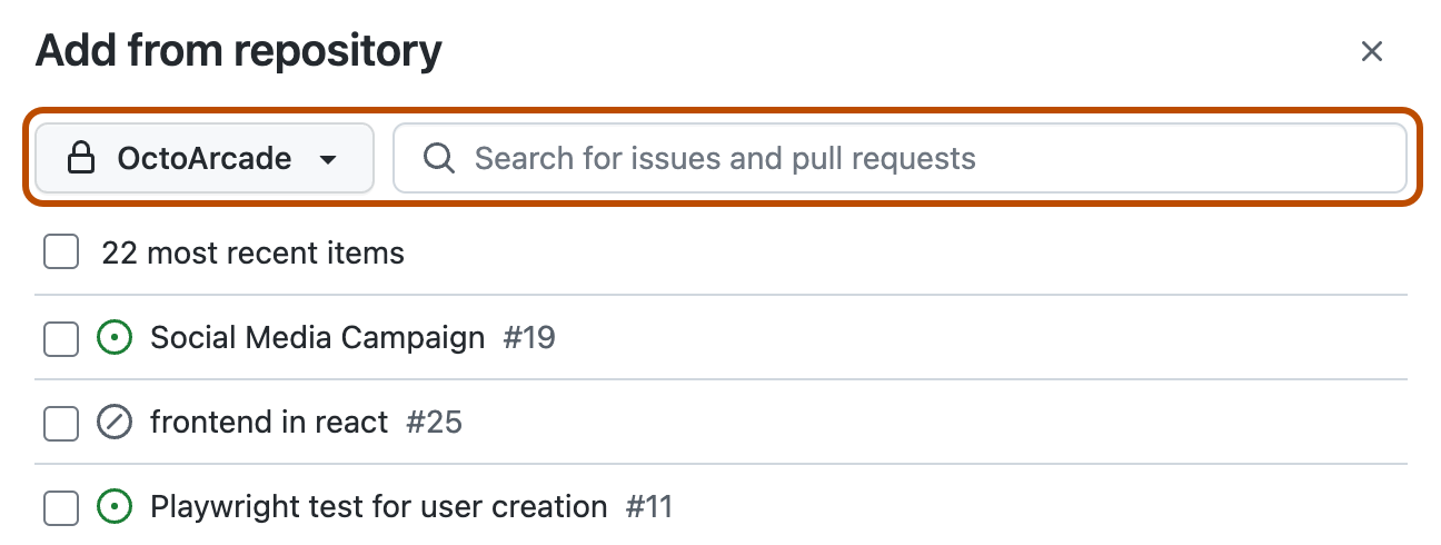 Captura de tela que mostra o formulário "Adicionar do repositório". O menu suspenso do repositório e o campo de pesquisa estão realçados com um contorno laranja.