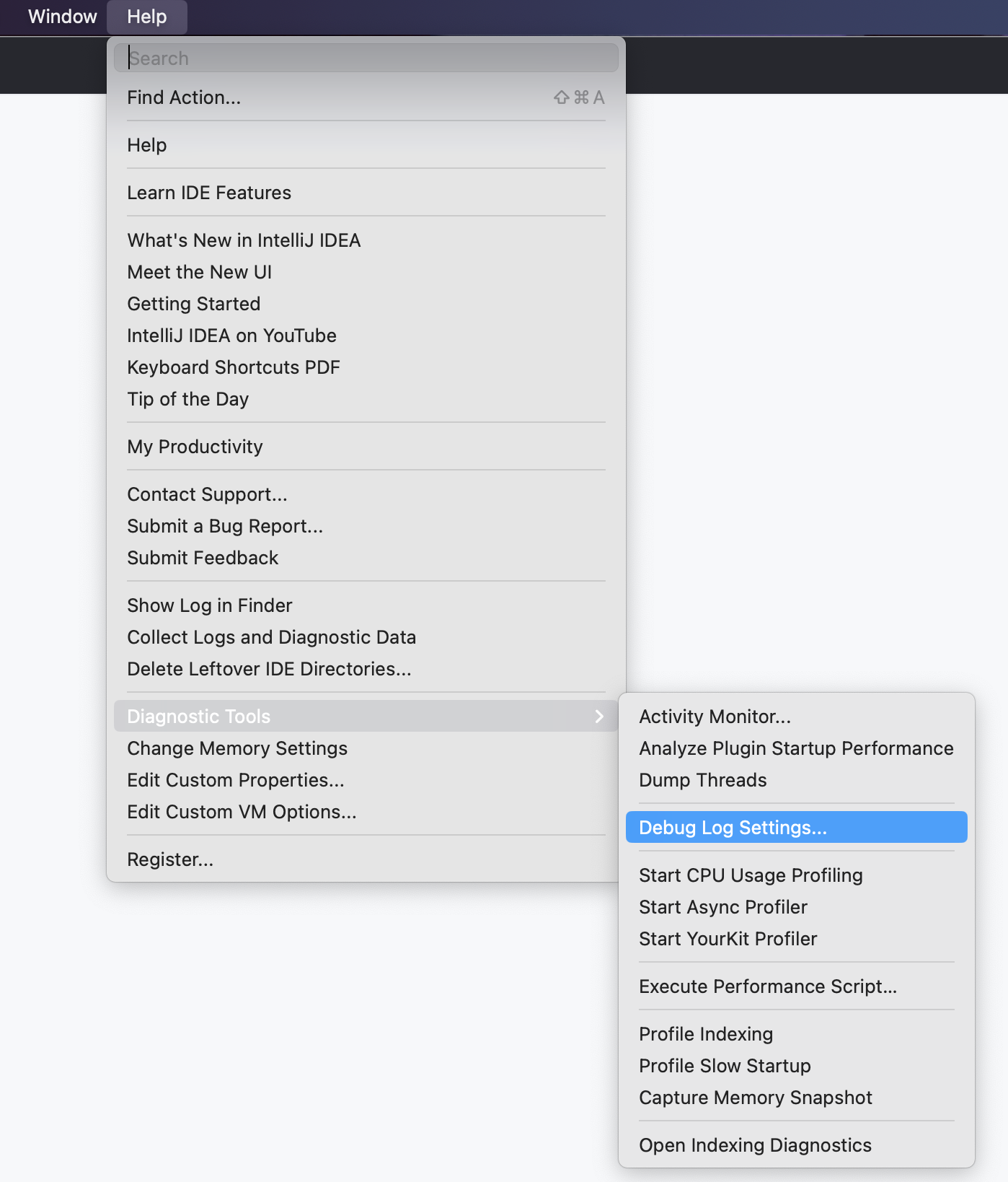 JetBrains IDE のメニュー バーのスクリーンショット。 [ヘルプ] メニューと [診断ツール] サブメニューが展開され、[デバッグ ログの設定] オプションが青色で強調表示されています。