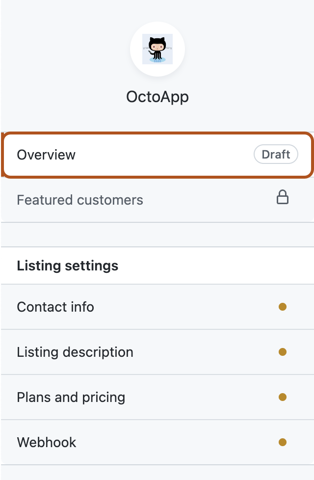 アプリのリスト ページの左側にあるサイドバーのスクリーンショット。 マーケットプレースのドラフト リストの [概要] オプションが、濃いオレンジ色の枠線で囲まれています。