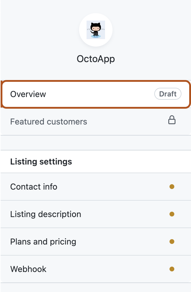 Captura de pantalla de la barra lateral izquierda en la página de descripción de la aplicación. La opción de información general para la lista de borradores de Marketplace se describe en naranja oscuro.