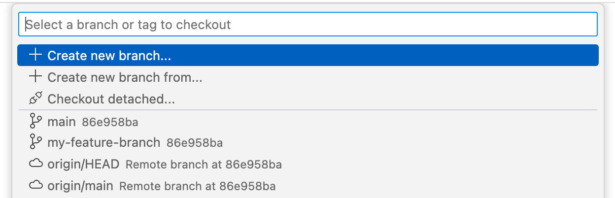 Capture d’écran de la liste déroulante pour la création d’une nouvelle branche dans VS Code.