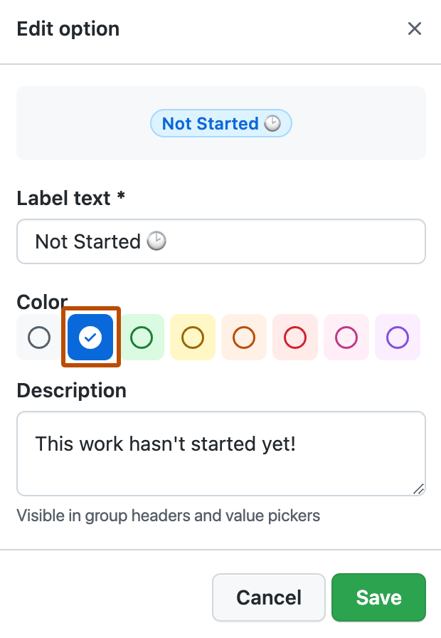 Screenshot of the modal for editing a single select option. The blue color option is highlighted with an orange outline.