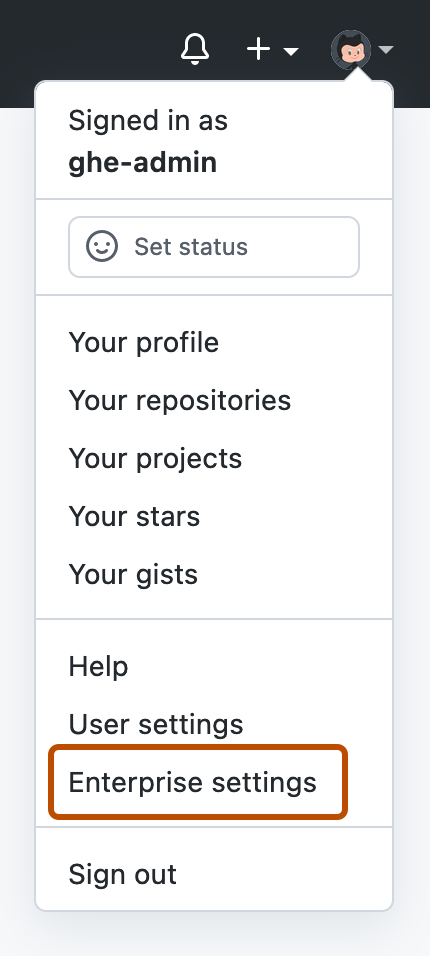 Screenshot of the drop-down menu that appears when you click the profile photo on GitHub Enterprise Server. The "Enterprise settings" option is highlighted in a dark orange outline.
