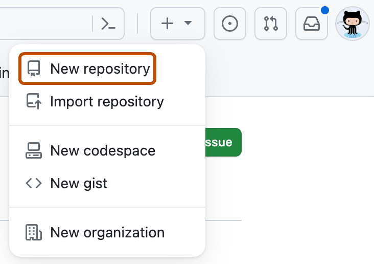 새 항목을 만드는 옵션을 보여 주는 GitHub 드롭다운 메뉴의 스크린샷. "새 리포지토리"라는 메뉴 항목이 진한 주황색 윤곽선으로 표시되어 있습니다.