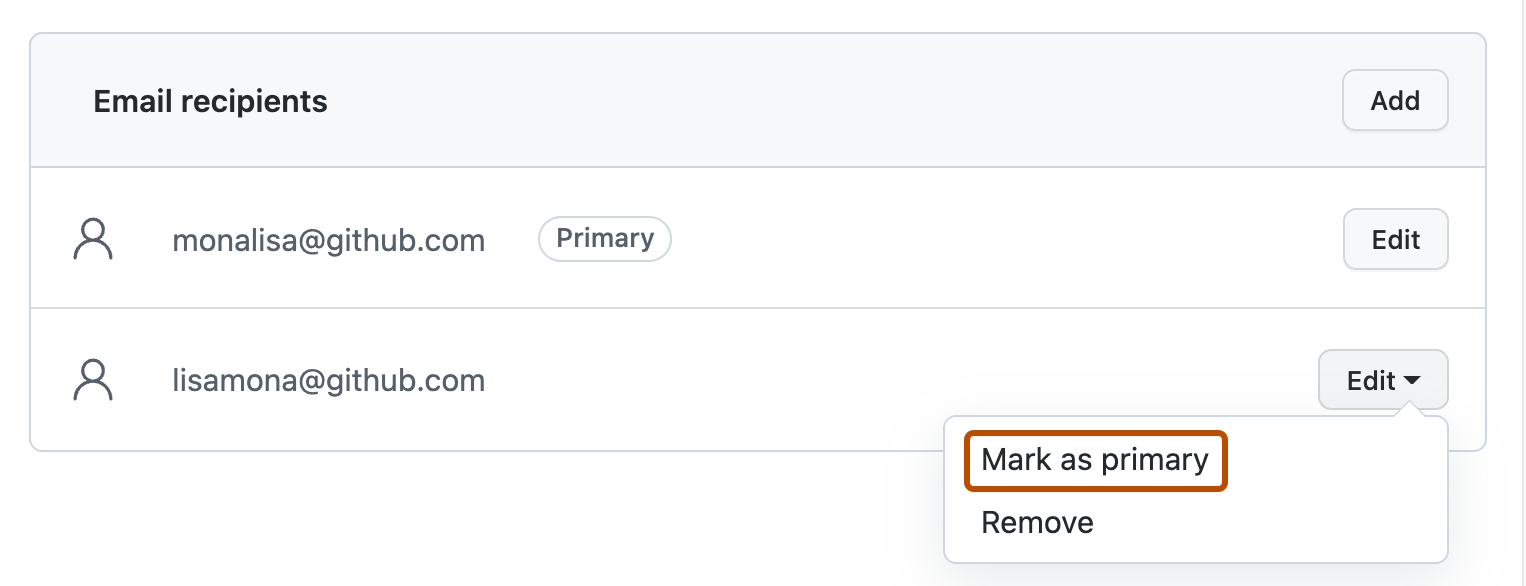 [電子メールの受信者] セクションのスクリーンショット。 メール アドレスの横で [編集] ドロップダウンが開いており、その下に [プライマリとしてマーク] がオレンジ色の枠線で囲まれています。