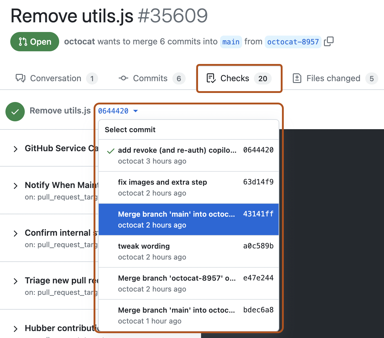 Captura de tela da guia "Verificações" de uma solicitação de pull. A guia "Verificações" e o menu suspenso para seleção de um commit estão contornados em laranja escuro.