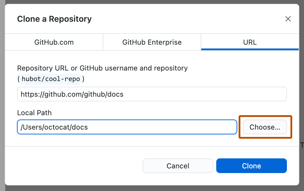 Screenshot der Registerkarte „URL“ des Fensters „Repository klonen“. Neben dem Feld „Lokaler Pfad“ wird eine orange umrandete Schaltfläche mit der Beschriftung „Auswählen“ angezeigt.