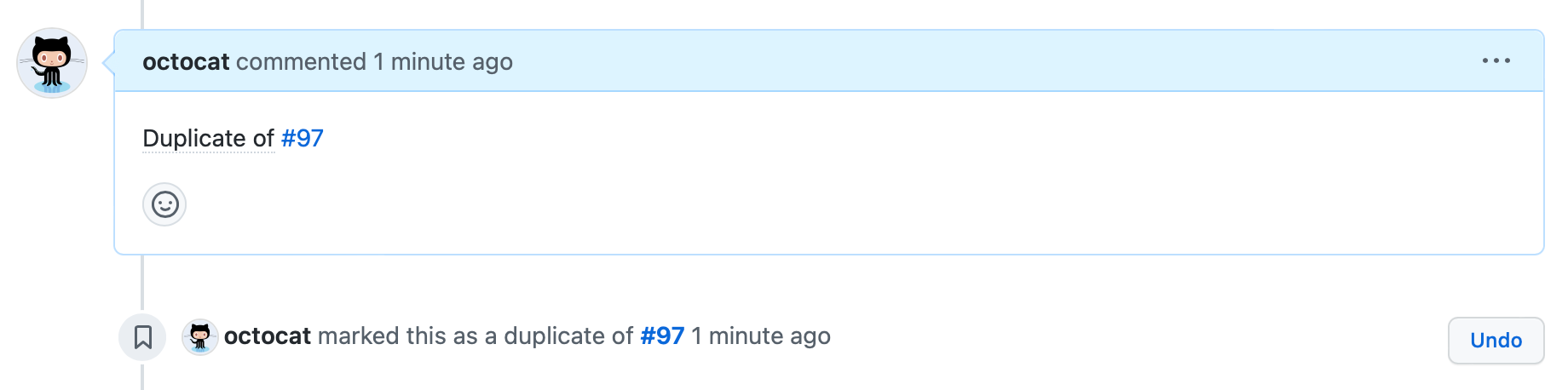 "#97의 중복"이라고 표시된 octocat의 주석과 "octocat이 #97의 중복으로 표시함"이라는 타임라인 이벤트가 있는 이슈 타임라인의 스크린샷.
