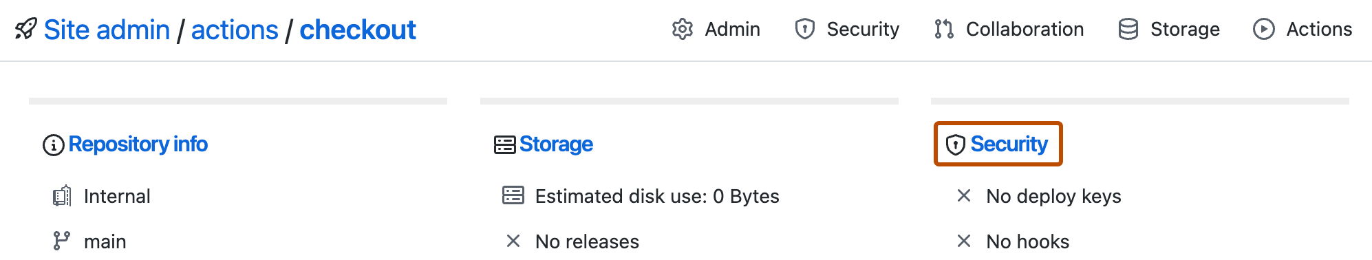 存储库的站点管理员详细信息的屏幕截图。 “安全性”链接以橙色轮廓突出显示。