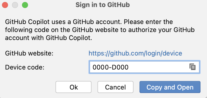 Screenshot of the "Sign in to GitHub" dialog. A device code is displayed above a button labeled "Copy and Open".