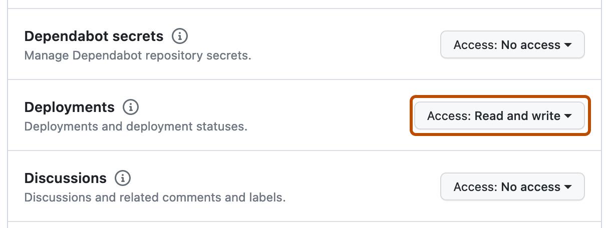 新しい GitHub App を作成する際の、[リポジトリのアクセス許可] セクションの [デプロイ] アクセス許可設定のスクリーンショット。 [デプロイ] のアクセス許可を構成するボタンで、[読み取り専用] アクセス許可が選ばれ、濃いオレンジ色の四角形で強調表示されています。