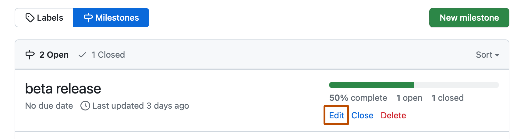 Screenshot of the list of milestones. Within the entry for the "beta release" milestone, a link, labeled "Edit," is outlined in dark orange.