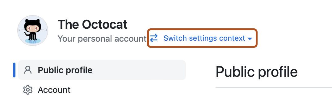 Screenshot of the "Public profile" settings page for The Octocat. Next to the text "Your personal profile," a link, labeled "Switch settings context," is outlined in orange.