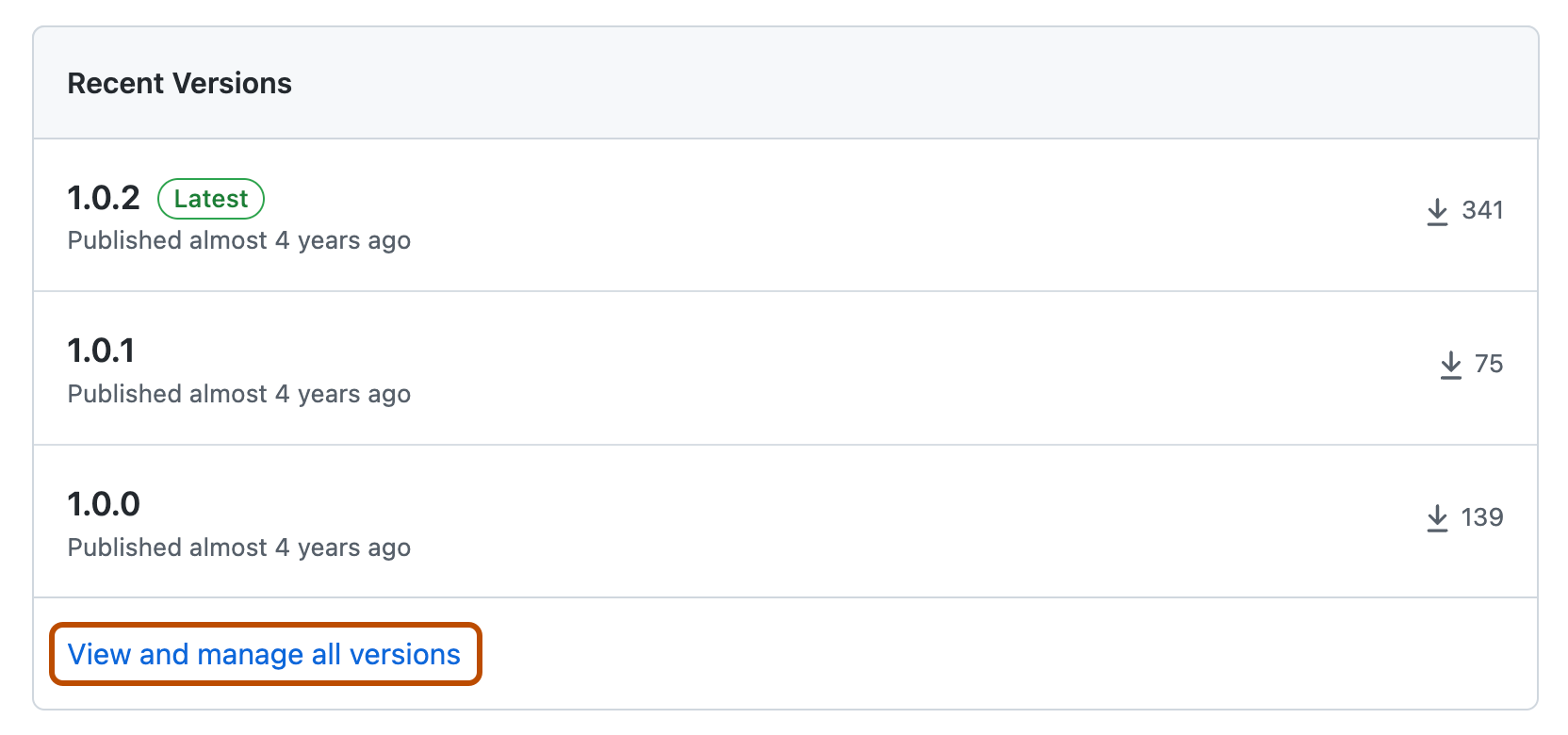 Captura de pantalla de la sección "Versiones recientes" de un paquete. Debajo, el vínculo "Ver y administrar todas las versiones" está resaltado con un contorno naranja.