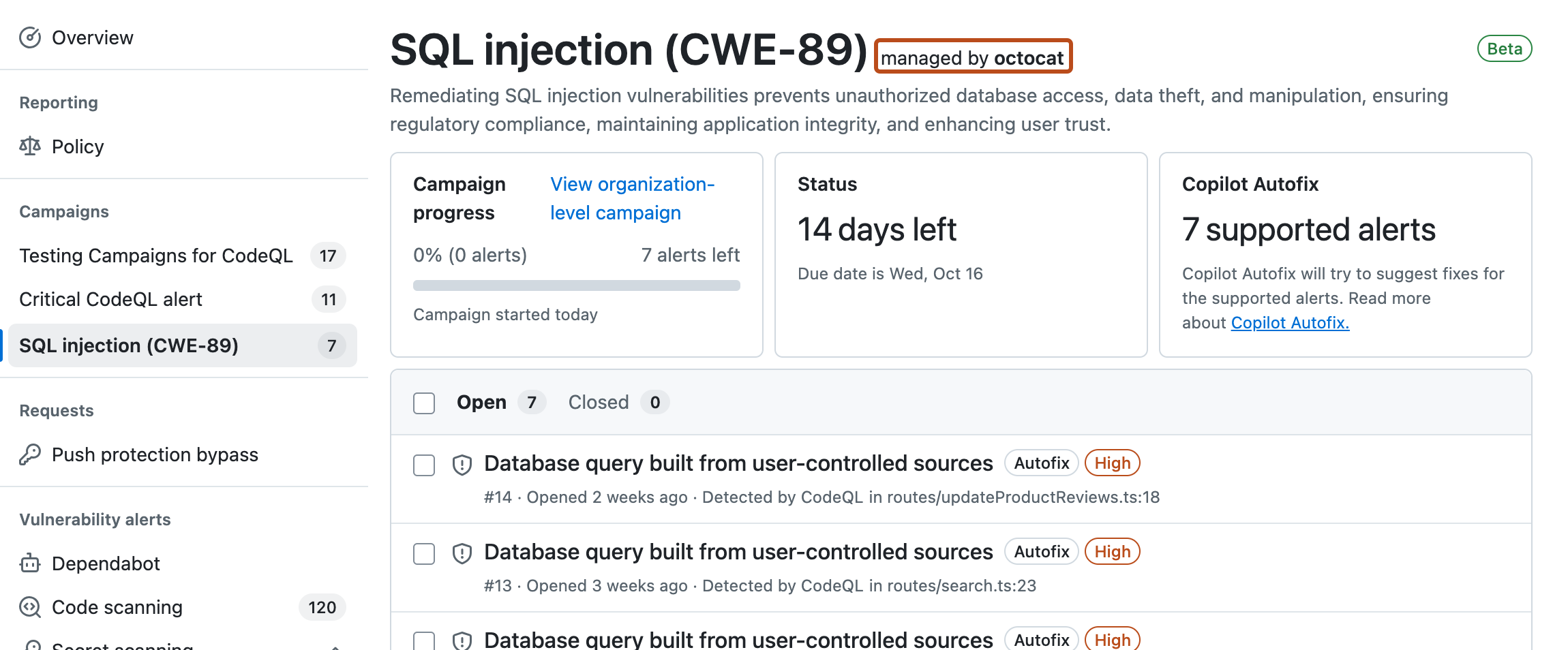 Screenshot of repository campaign view with "SQL injection (CWE-89)" campaign displayed and the "Campaign manager" outlined in dark orange.