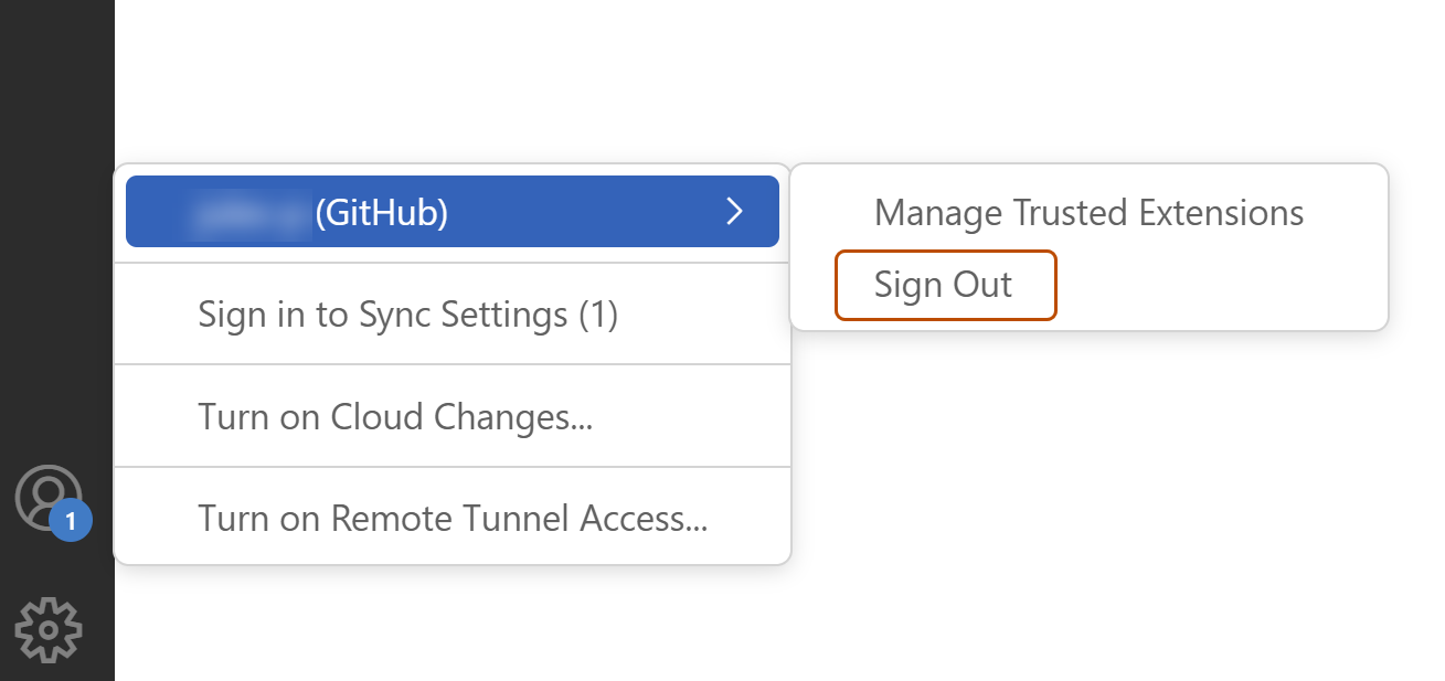 Visual Studio Code のメニューのスクリーンショット。 [サインアウト] オプションが濃いオレンジ色の枠線で囲まれています。
