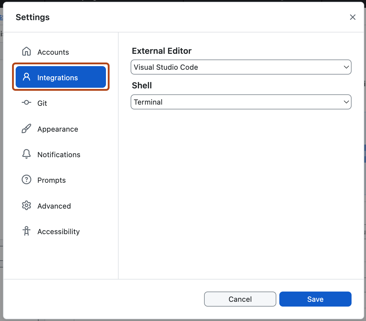 Screenshot of the "Preferences" window. In the left sidebar, the "Integrations" option is highlighted in blue and outlined in orange.