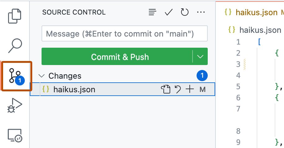 Screenshot of the VS Code Activity Bar with the source control button, labeled with a branch icon, highlighted with an orange outline.