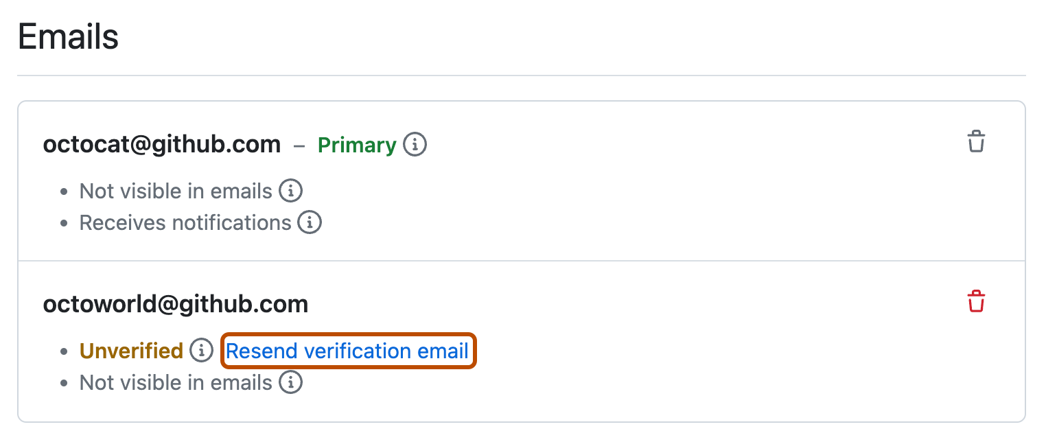 Captura de tela de uma lista de endereços de email na página "Emails". Em um endereço de email, um link, rotulado como "Reenviar email de verificação", está contornado em laranja.