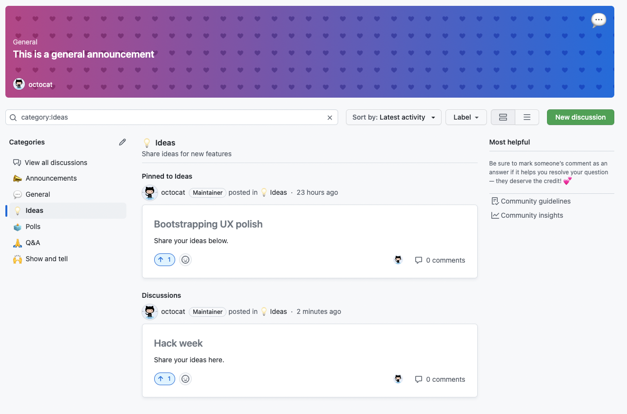 Screenshot of a globally pinned discussion and a discussion pinned to the Ideas category.