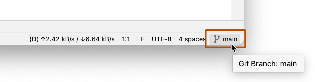 Captura de tela da barra de status, com a dica de ferramenta para o nome do branch exibida. O ícone e o nome do branch, "main", estão realçados com um contorno laranja escuro.