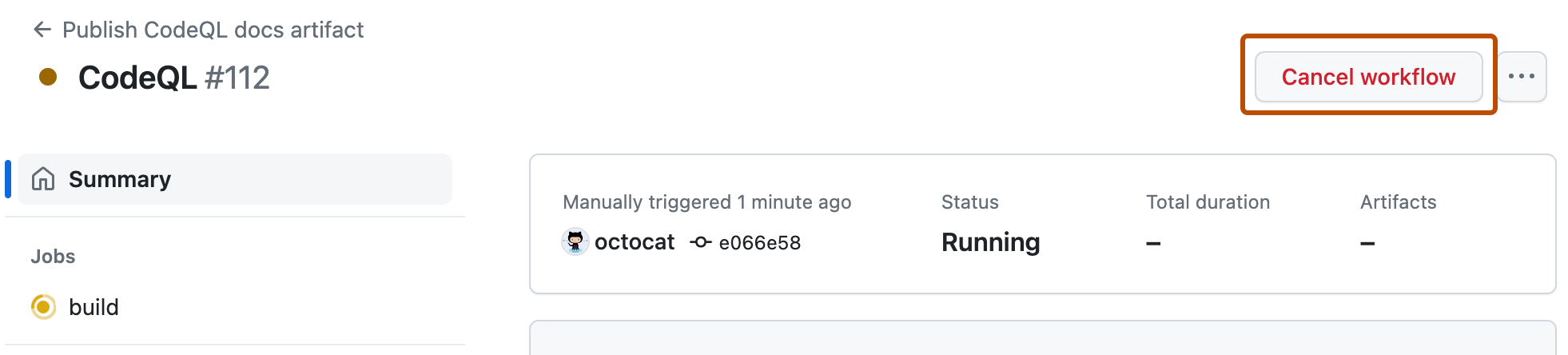 현재 실행 중인 워크플로의 요약을 보여 주는 스크린샷 "워크플로 취소" 단추가 주황색 윤곽선으로 강조 표시됩니다.