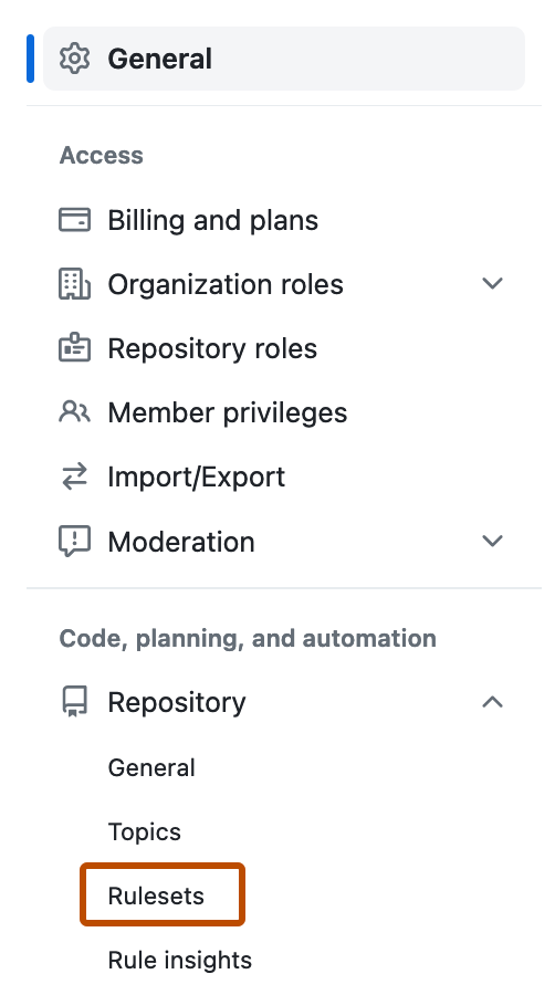 Screenshot of an organization's settings page. In the sidebar, a link labeled "Rulesets" is outlined in orange.