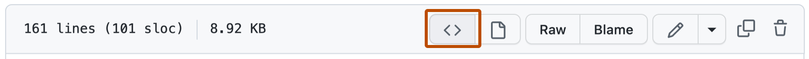 GitHub 存储库中的 Markdown 文件的屏幕截图，其中显示了用于与文件交互的选项。 显示源 blob 的按钮用深橙色框出。