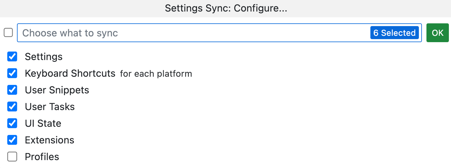 Capture d’écran des options  «Synchronisation des paramètres ». Il existe sept options, chacune avec une case à cocher. Le bouton « OK » s’affiche en haut à droite.