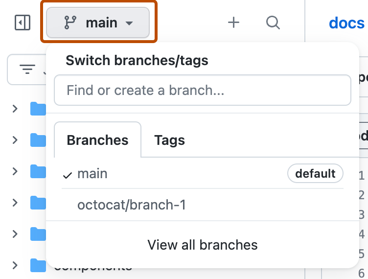 Capture d’écran de l’arborescence de fichiers d’un dépôt. Un menu déroulant pour les branches est développé et mis en évidence avec un encadré orange foncé.