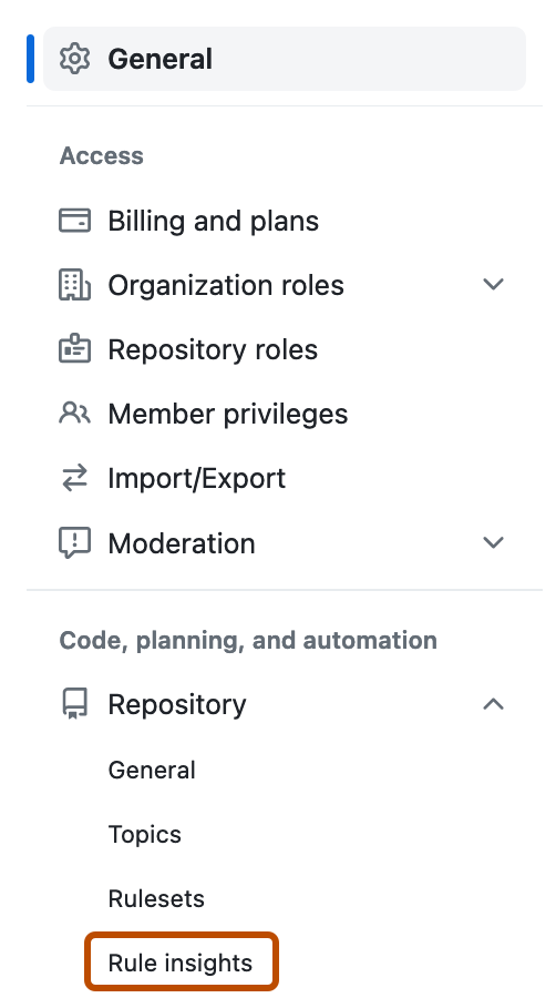 Screenshot of an organization's settings page. In the sidebar, a link labeled "Rule insights" is outlined in orange.