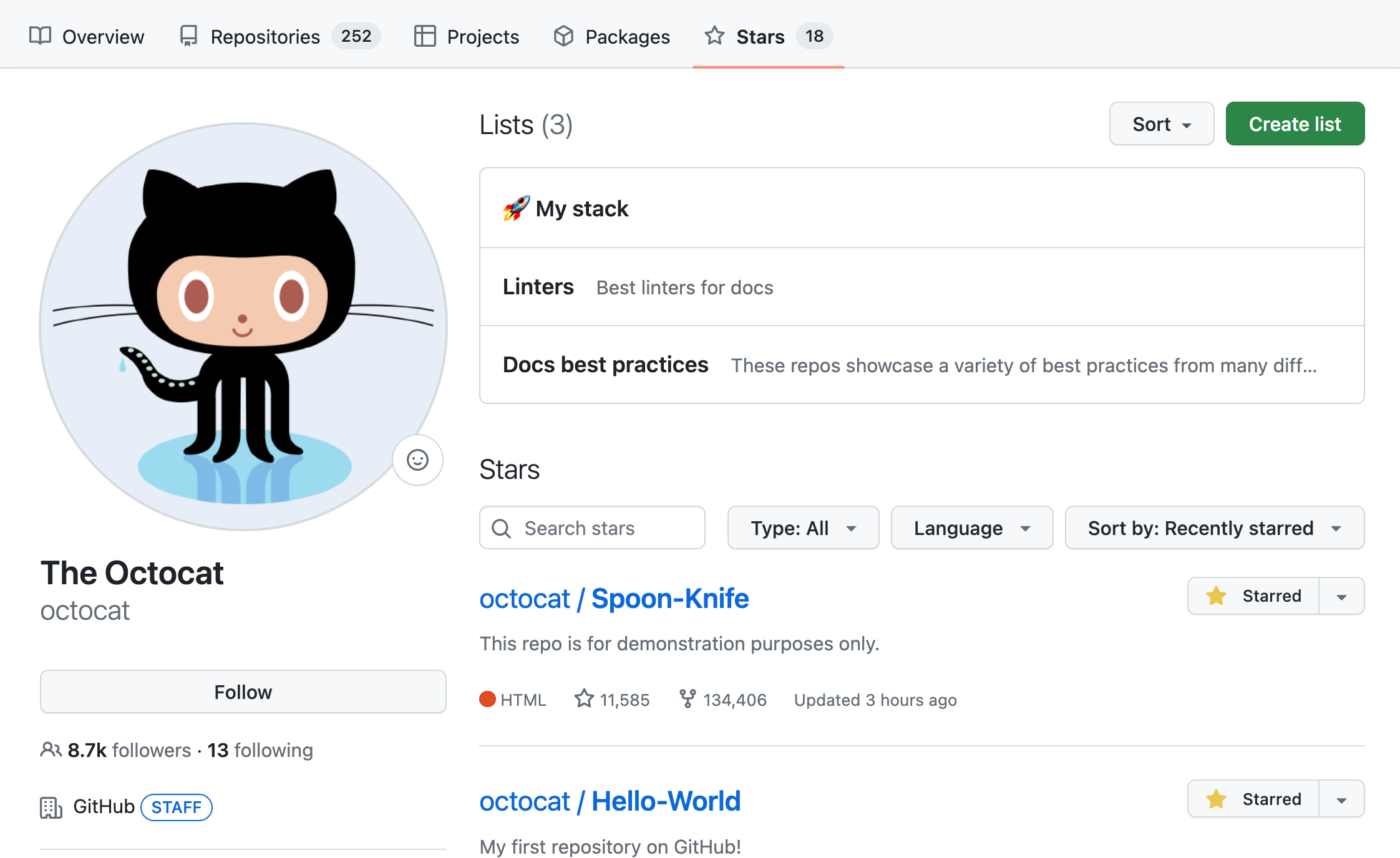 Screenshot the "Stars" tab of Octocat's profile. Two named lists of stars are displayed.