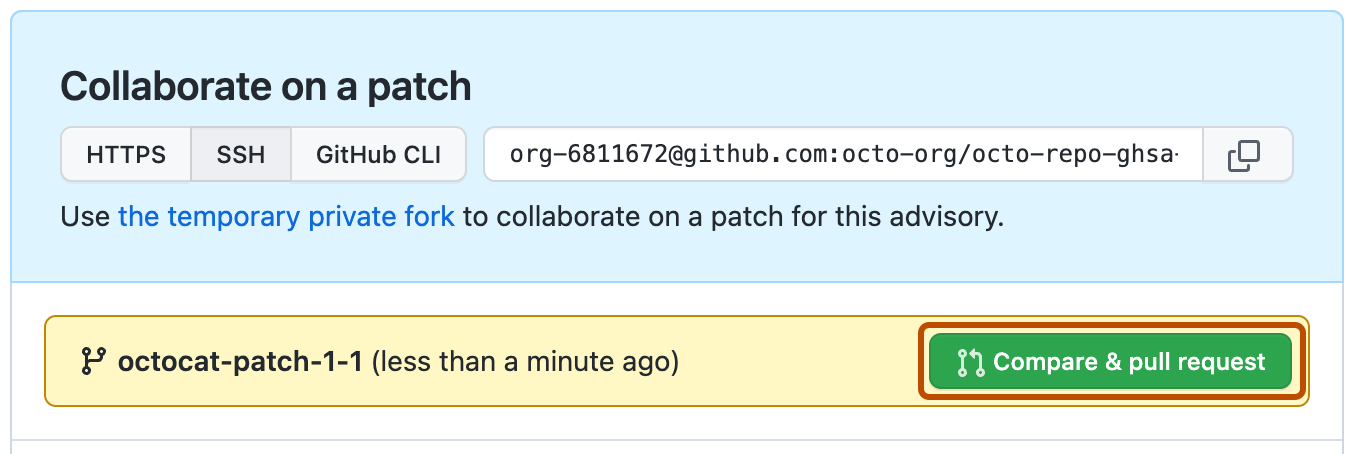 Screenshot of the "Collaborate on a patch" area of a draft security advisory. The "Compare & pull request" button is outlined in dark orange.