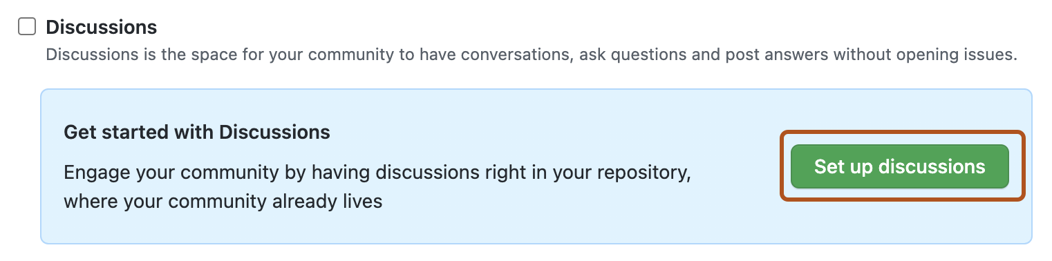 Capture d’écran de l’option « Discussions » dans les paramètres du dépôt. Un bouton vert, intitulé « Configurer les discussions », est indiqué en orange foncé.