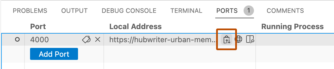 Снимок экрана: панель "Порты". Значок копирования, который копирует URL-адрес переадресованного порта, выделен оранжевым контуром.