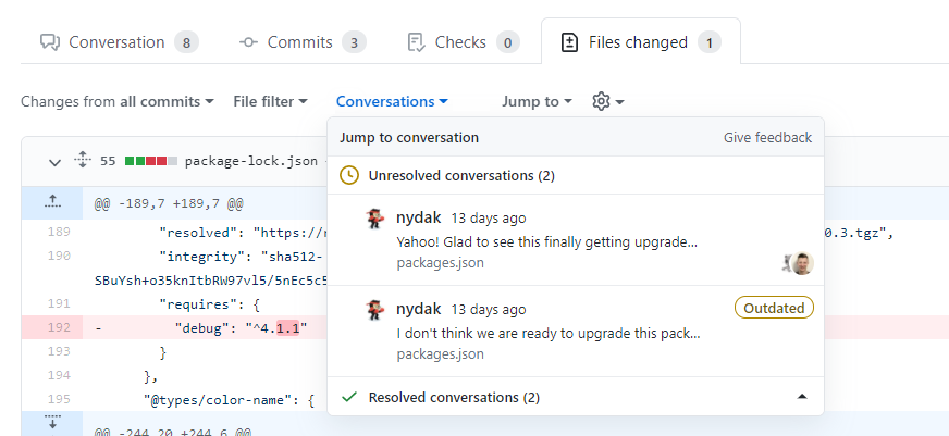 Screenshot of the "Conversations" menu on the "Files Changed" tab of a pull request.