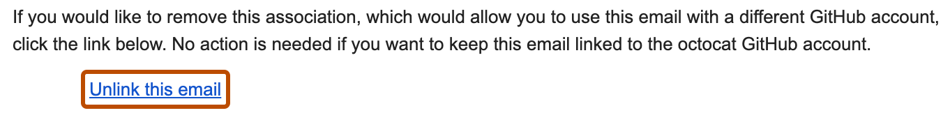 Captura de pantalla de un correo electrónico de GitHub para desvincular una dirección de correo electrónico de una cuenta de GitHub. Un vínculo con el texto "Desvincular este correo electrónico" está resaltado en naranja.