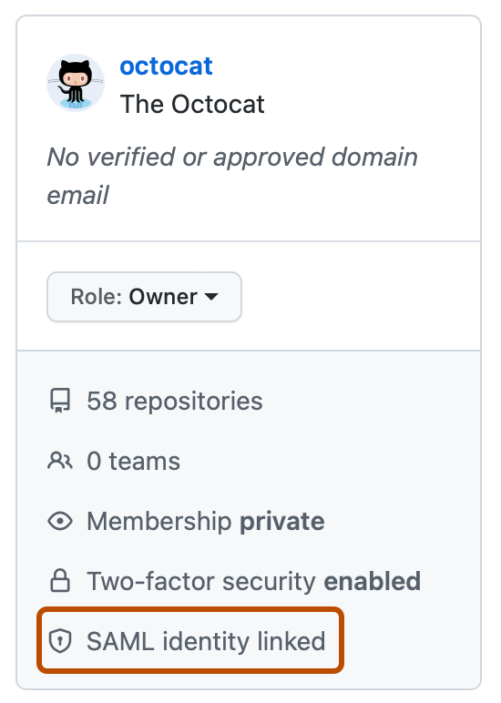 Снимок экрана: сводка @octocatдля пользователей. Ссылка, помеченная как "связанная удостоверение SAML", выделена оранжевым контуром.