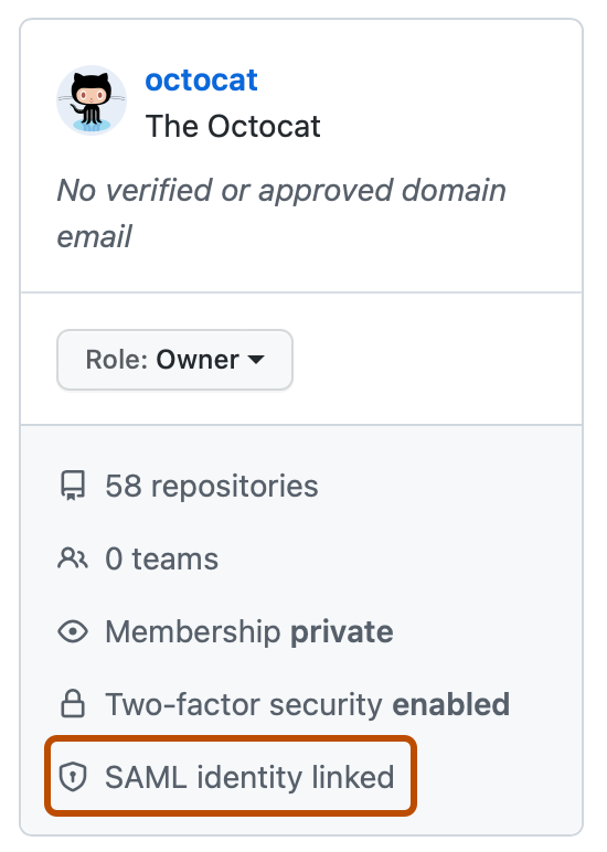 Captura de pantalla del resumen de personas de @octocat. Un vínculo con la etiqueta "Identidad vinculada de SAML" está resaltado con un contorno naranja.