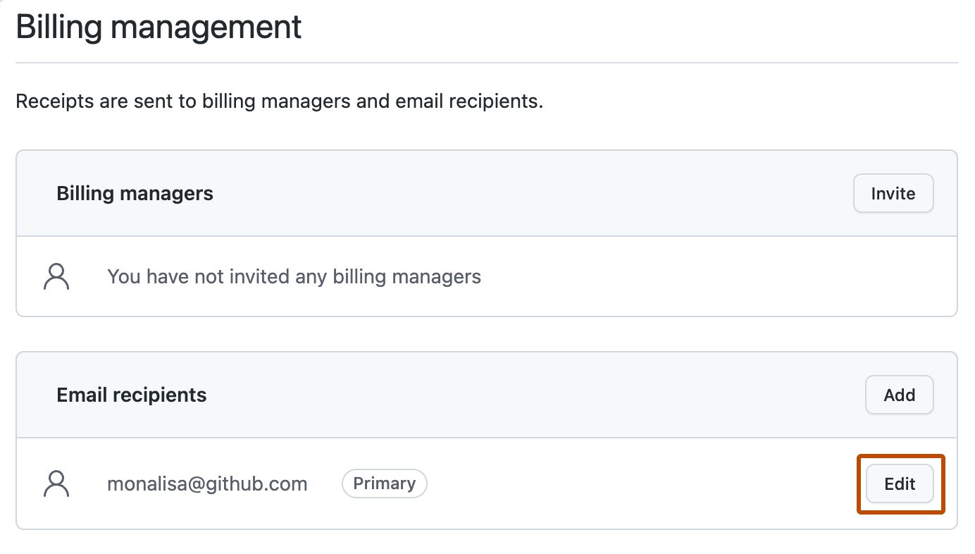 Captura de tela da lista "Destinatários de email". Ao lado de um endereço de email, um botão, rotulado "Editar", é realçado com um contorno laranja.