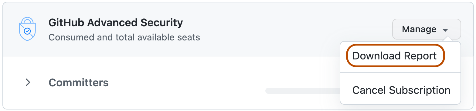 GitHub Advanced Security 许可屏幕中“管理”下拉菜单的屏幕截图。 “下载报表”按钮以橙色边框突出显示。