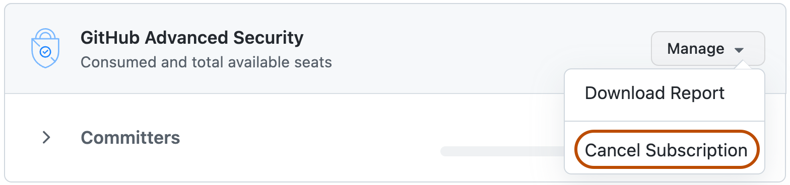 GitHub Advanced Security ライセンス画面の [管理] ドロップダウンのスクリーンショット。 [サブスクリプションを取り消す] ボタンがオレンジ色の枠線で囲まれています。