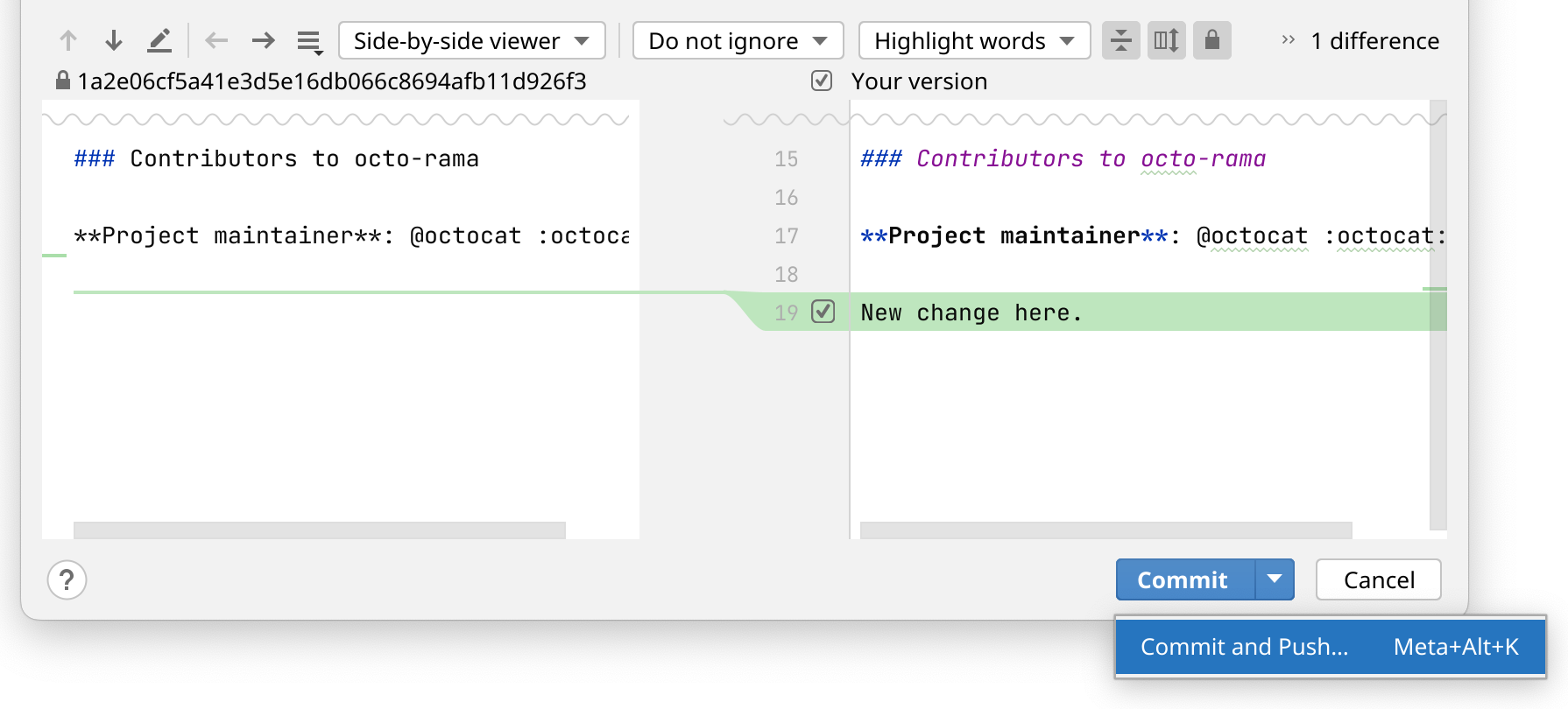 Screenshot of the commit and push button
