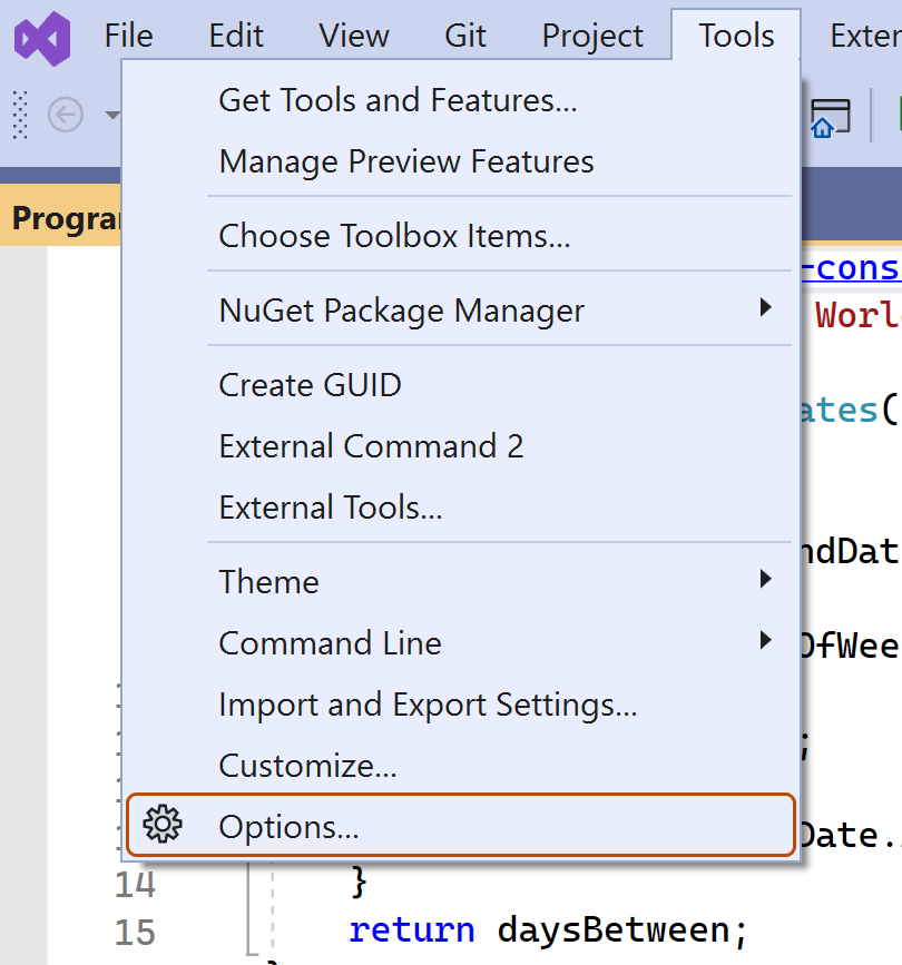 Visual Studio メニュー バーのスクリーンショット。 [ツール] メニューが展開され、[オプション] 項目がオレンジ色の枠線で強調表示されています。