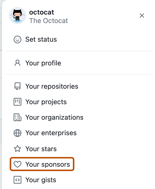 Captura de tela do menu suspenso opções de perfil. Uma opção, rotulada como "Seus patrocinadores", é descrita em laranja escuro.