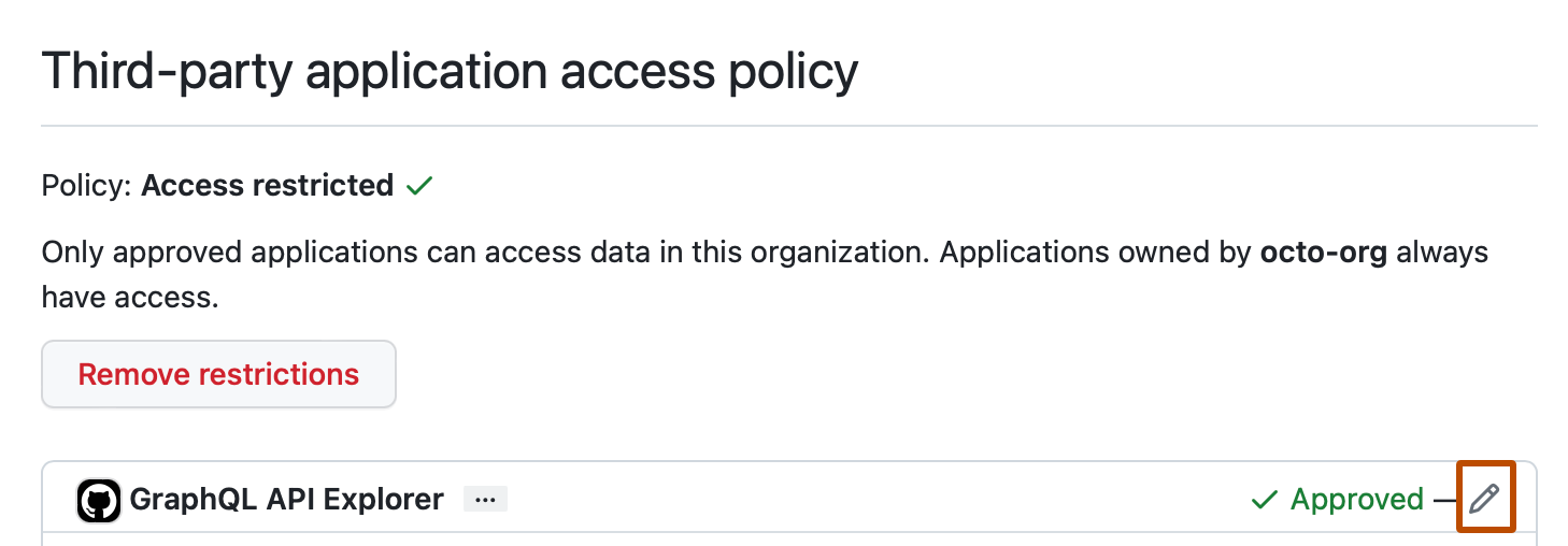 Screenshot of the "Third-party application access policy" page. To the right of an approved application, a pencil icon is outlined in dark orange.