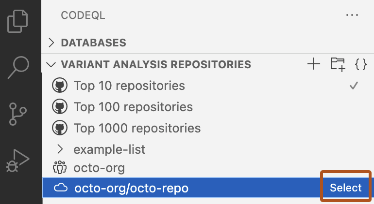 Screenshot of the "Variant Analysis Repositories" view. The "octo-org/octo-repo" row is highlighted blue and its "Select" button outlined in orange.