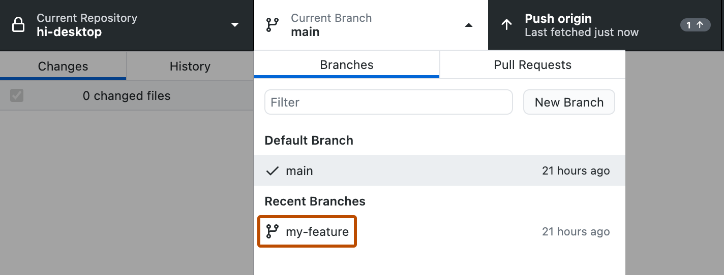 Captura de tela da exibição suspensa "Branch Atual". Em "Branches Recentes", um branch, chamado "my-feature", está realçado com um contorno laranja.